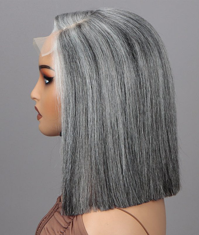 Silver Grey Straight Blunt Cut Bob For Seniors Real Human Hair Salt And Pepper 5x5 HD Lace Wigs For Women
