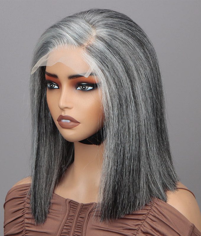 Silver Grey Straight Blunt Cut Bob For Seniors Real Human Hair Salt And Pepper 5x5 HD Lace Wigs For Women