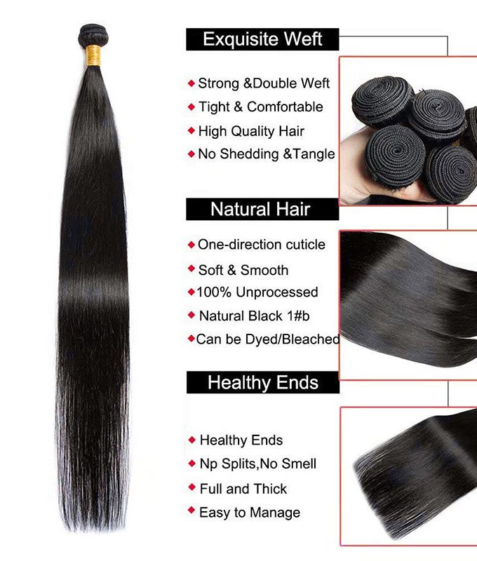 Straight Hair Bundles with Closure 10A Grade 100% Human Virgin Hair