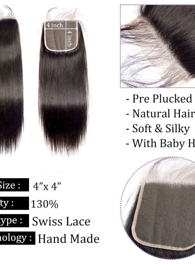 Straight Hair Bundles with Closure 10A Grade 100% Human Virgin Hair