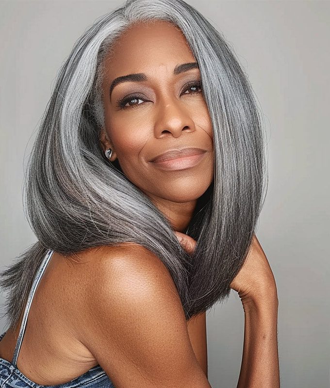 Mid-Length Salt And Pepper Wig Straight Human Hair 5x5 HD Lace Wigs For Polished Women