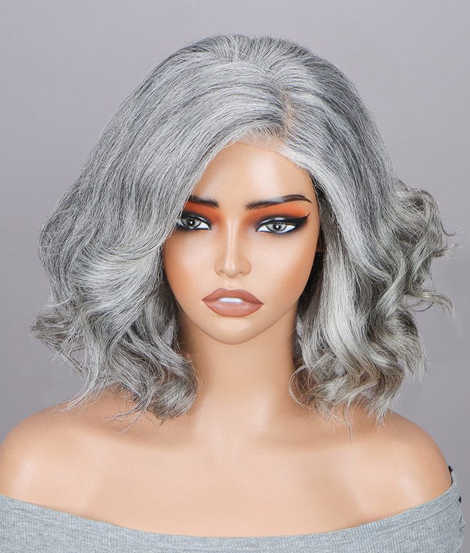 Elegant Silver Gray Loose Wavy Bob For Seniors Real Salt & Pepper Human Hair 5x5 HD Lace Wigs For Women