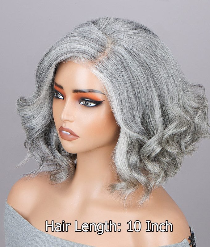 Elegant Silver Gray Loose Wavy Bob For Seniors Real Salt & Pepper Human Hair 5x5 HD Lace Wigs For Women
