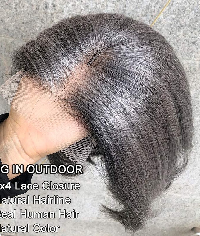 US DOMESTIC SHIPPING | Chic Silver Gray Straight Bob Salt and Pepper Real Human Hair Glueless Lace Wigs For Seniors