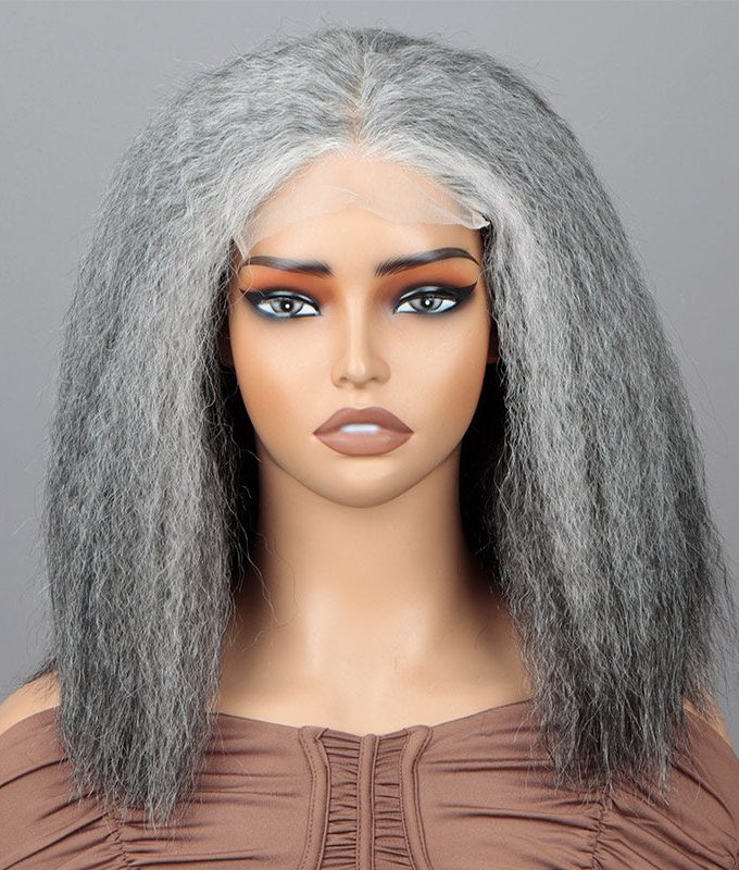 Seniors Salt And Pepper Wig Yaki Straight Bob More Grey Human Hair 5x5 HD Lace Wigs For Women