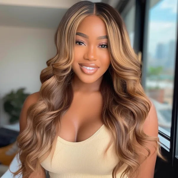 Highlight Wig Body Wave Human Hair Wigs Brown and Blonde 13x4.5 HD Lace Frontal Wig