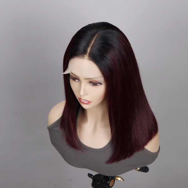 Burgundy Straight Bob Wigs 5x5 HD Lace Wig with Black Roots - Image 3
