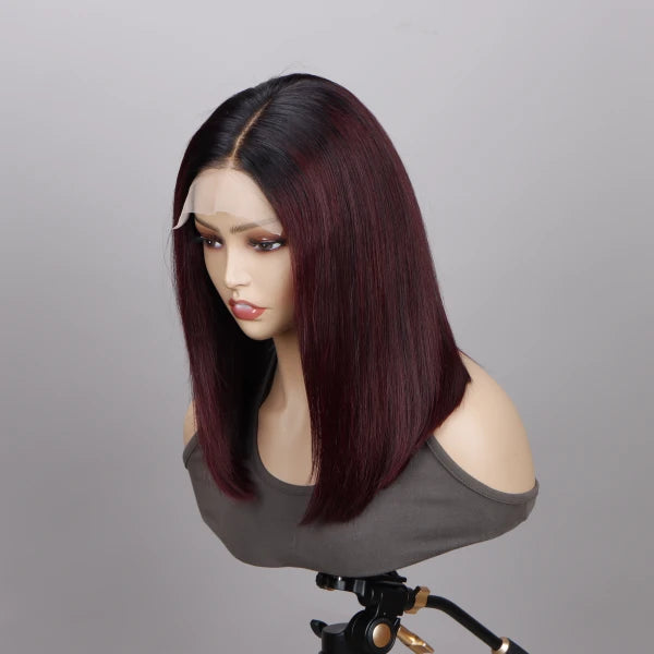Burgundy Straight Bob Wigs 5x5 HD Lace Wig with Black Roots - Image 4