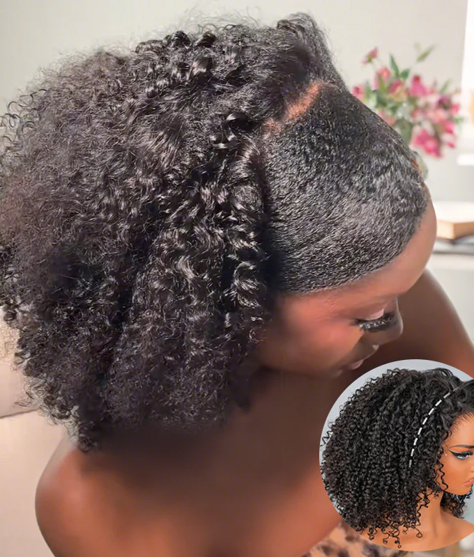 3 IN 1 HALF WIG Layer Cut Kinky Curly Half Wig Draw-strings Flip Over Wig