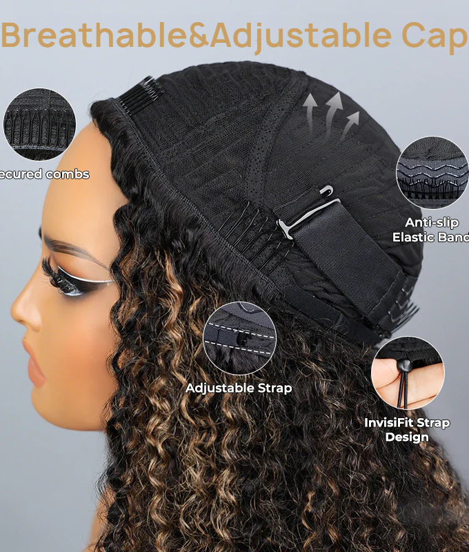 3 IN 1 HALF WIG Highlight Brown Kinky Curly Half Wig Draw-strings Flip Over Wig