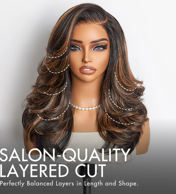 4x4 Lace Brown Highlight Layered Haircut Wavy Glueless Wig 100% Human Hair