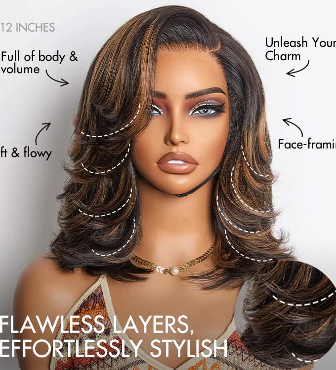 4x4 Lace Brown Highlight Layered Haircut Wavy Glueless Wig 100% Human Hair