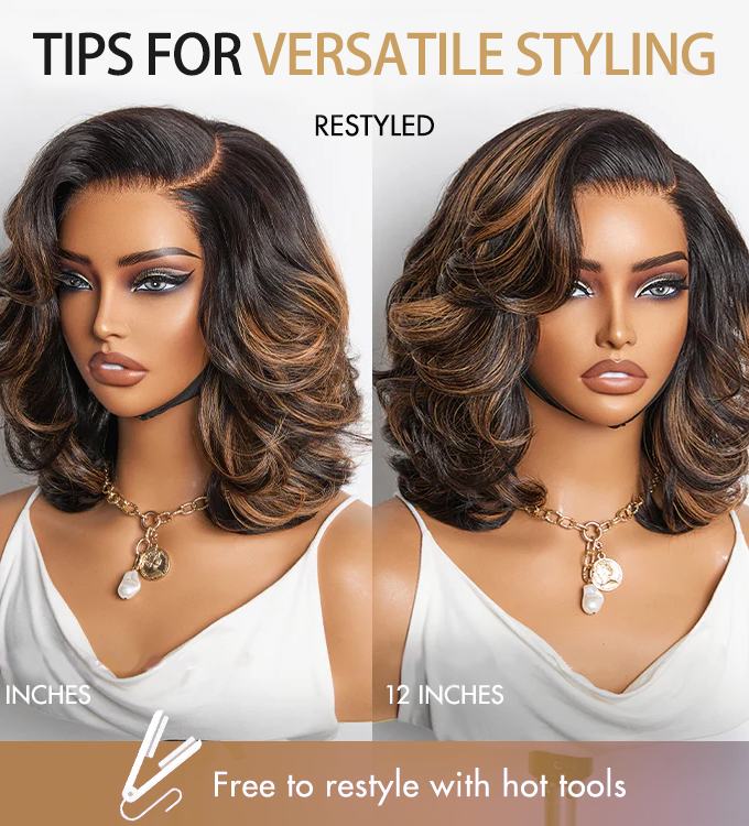 4x4 Lace Brown Highlight Layered Haircut Wavy Glueless Wig 100% Human Hair