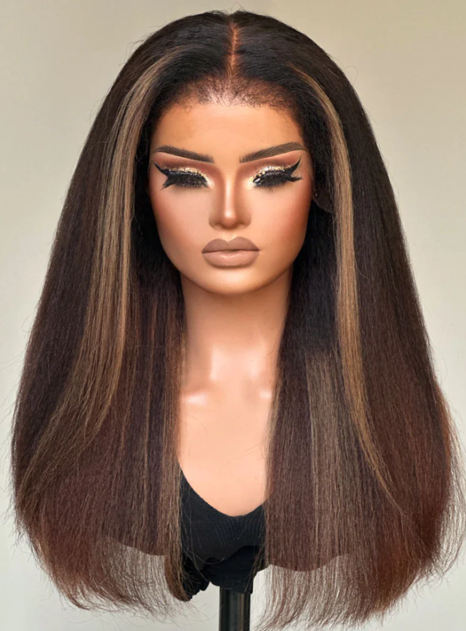 13x4 Lace Blonde Highlight Kinky Straight With 4C Kinky Edges Wig