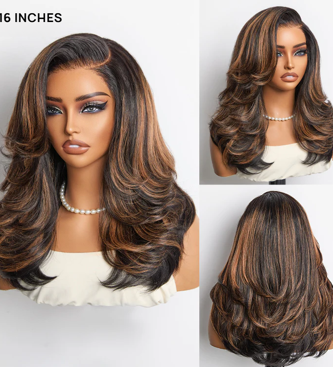 4x4 Lace Brown Highlight Layered Haircut Wavy Glueless Wig 100% Human Hair
