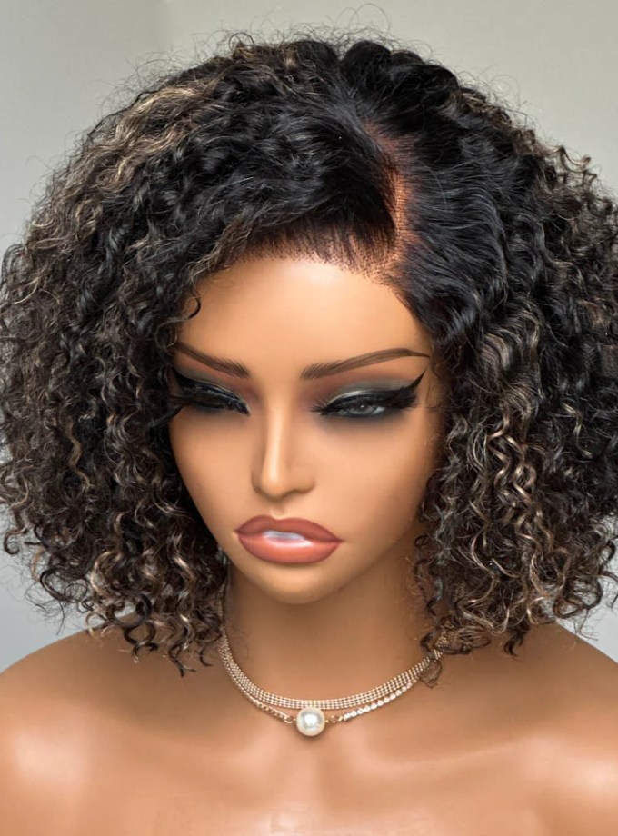 4x4 Lace  Blonde Highlight Kinky Curly Glueless Bob Wig