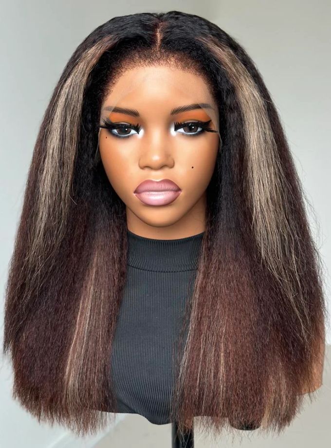 13x4 Lace Blonde Highlight Kinky Straight With 4C Kinky Edges Wig