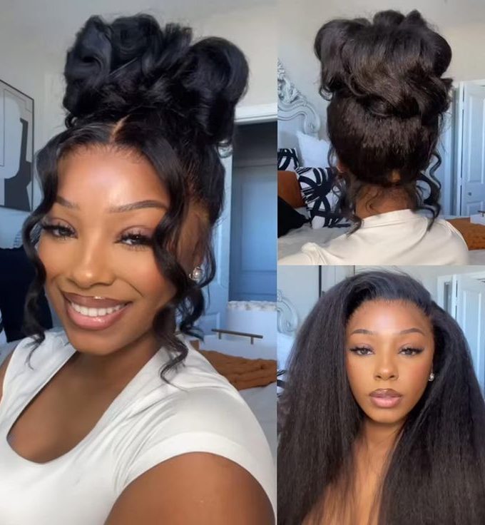 360 Lace Kinky Straight Flexi-Fit Invisi Drawstring Cap Bleached Knot Long Curly Wig