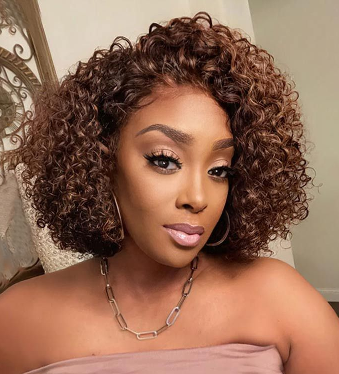13x4 Frontal Lace Highlight Chocolate Brown Bob Curly Glueless Wig