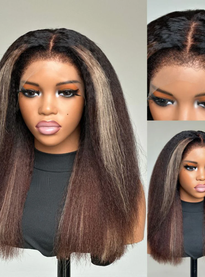 13x4 Lace Blonde Highlight Kinky Straight With 4C Kinky Edges Wig