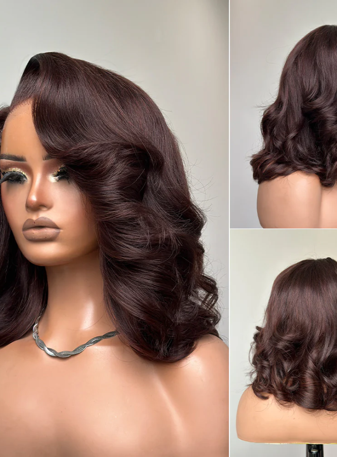 4x4 Lace Dark Brown Layered Cut Body Wave Bob Wig 100% Human Hair