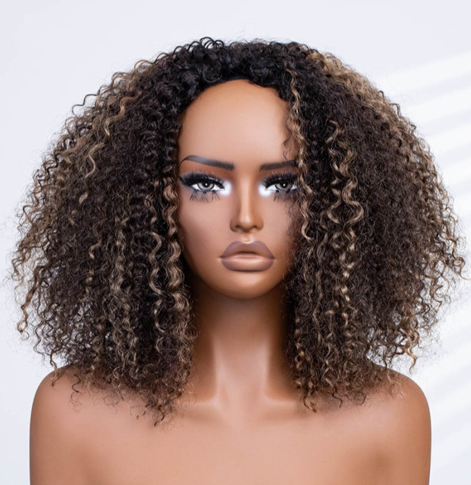 3 IN 1 HALF WIG Highlight Brown Kinky Curly Half Wig Draw-strings Flip Over Wig