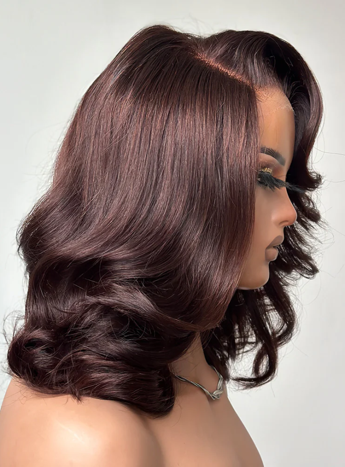 4x4 Lace Dark Brown Layered Cut Body Wave Bob Wig 100% Human Hair