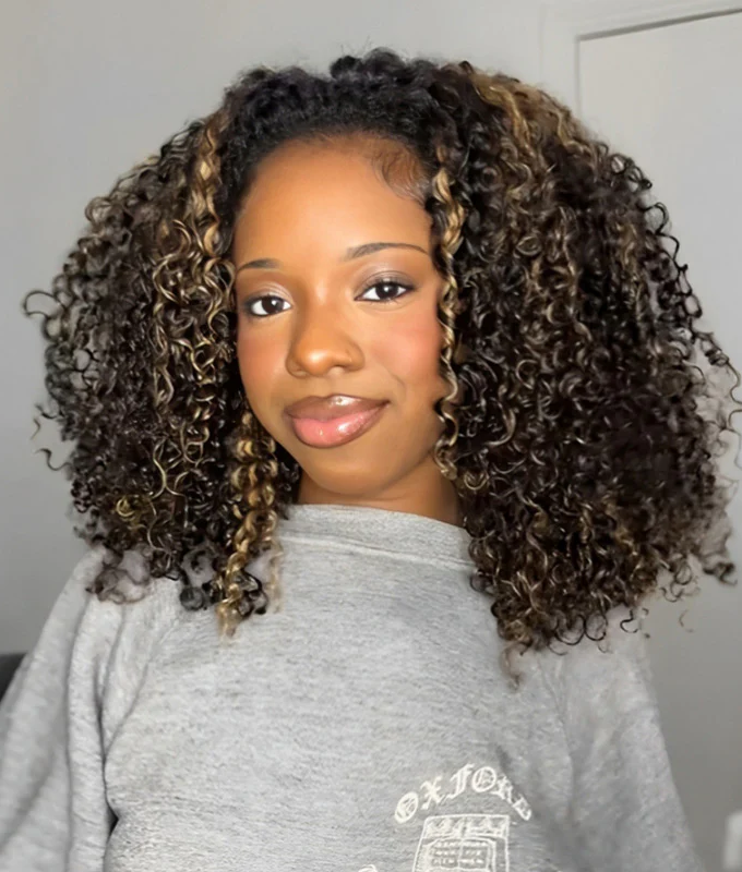 3 IN 1 HALF WIG Highlight Brown Kinky Curly Half Wig Draw-strings Flip Over Wig