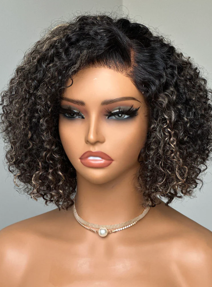 4x4 Lace  Blonde Highlight Kinky Curly Glueless Bob Wig