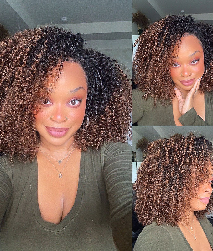 3 IN 1 HALF WIG Ombre Brown Layered Curly Pre-Styled Kinky Coily Half Wig Flip Over Draw-strings Wig