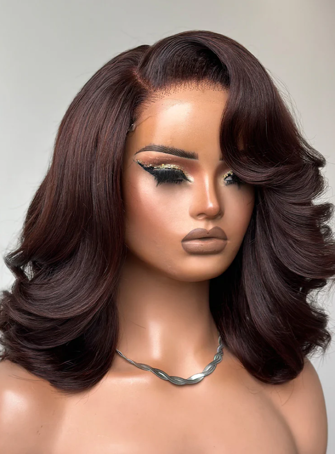 4x4 Lace Dark Brown Layered Cut Body Wave Bob Wig 100% Human Hair