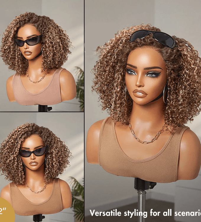 4x4 Lace Ash Blonde Highlight Short Kinky Curly Wear And Go Glueless Wig