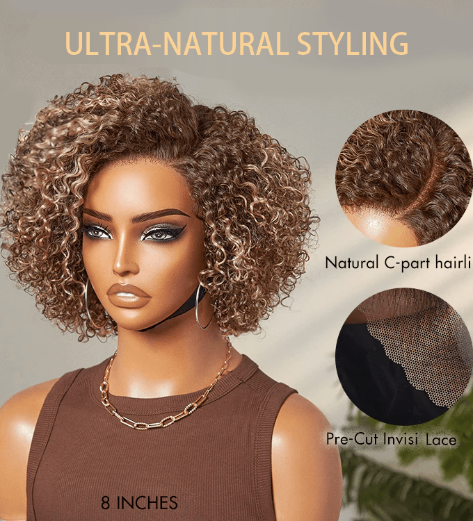 4x4 Lace Ash Blonde Highlight Short Kinky Curly Wear And Go Glueless Wig