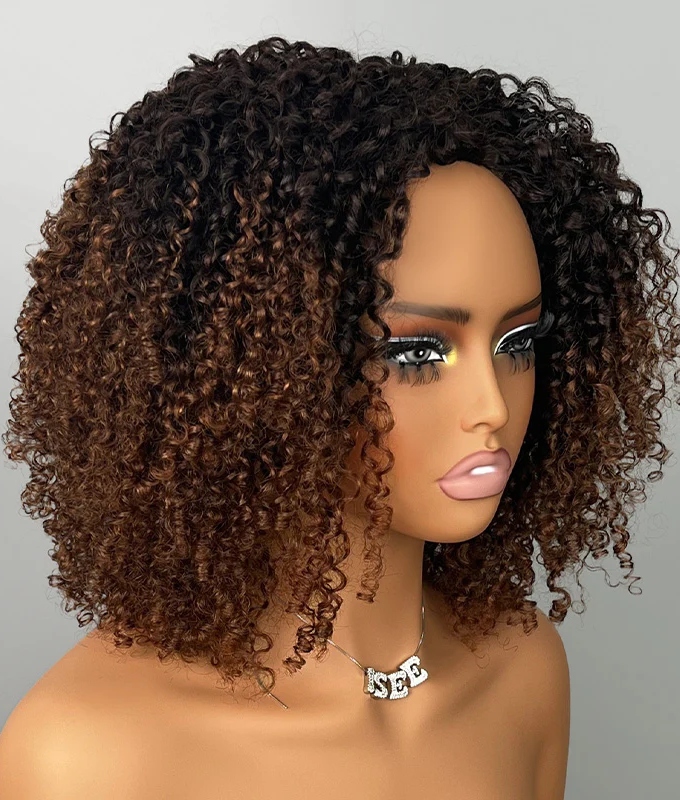 3 IN 1 HALF WIG Ombre Brown Layered Curly Pre-Styled Kinky Coily Half Wig Flip Over Draw-strings Wig