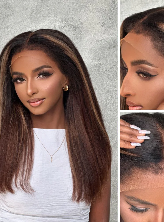 13x4 Lace Blonde Highlight Kinky Straight With 4C Kinky Edges Wig