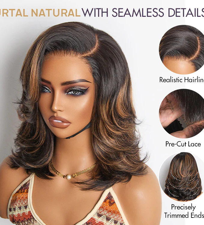 4x4 Lace Brown Highlight Layered Haircut Wavy Glueless Wig 100% Human Hair
