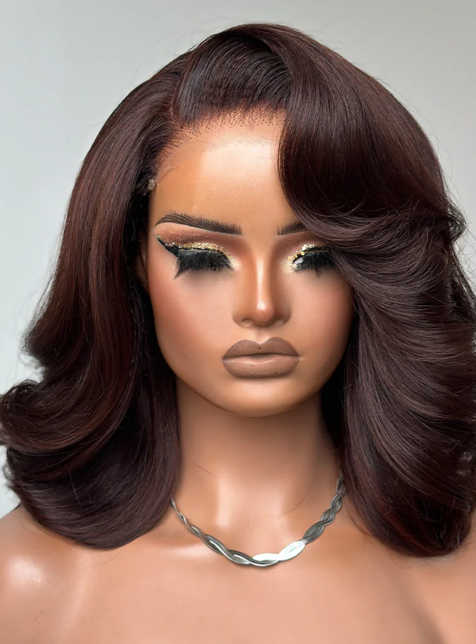 4x4 Lace Dark Brown Layered Cut Body Wave Bob Wig 100% Human Hair