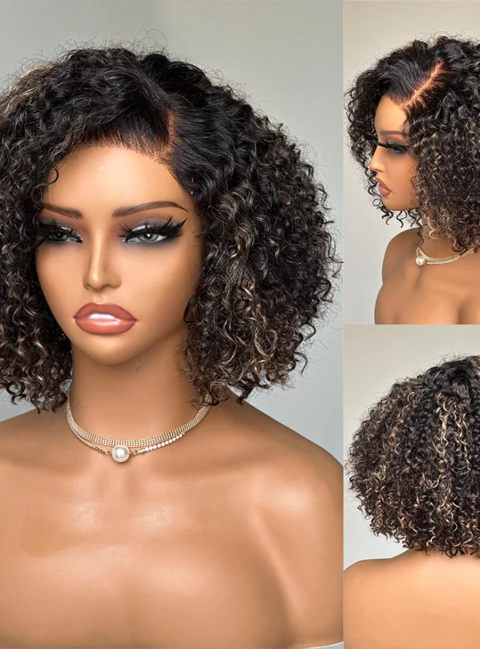 4x4 Lace  Blonde Highlight Kinky Curly Glueless Bob Wig