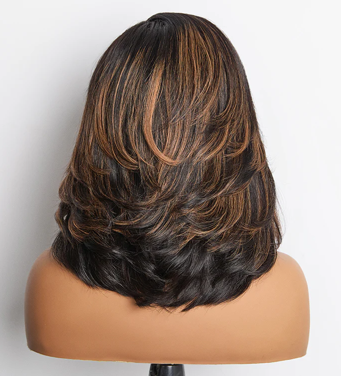 4x4 Lace Brown Highlight Layered Haircut Wavy Glueless Wig 100% Human Hair