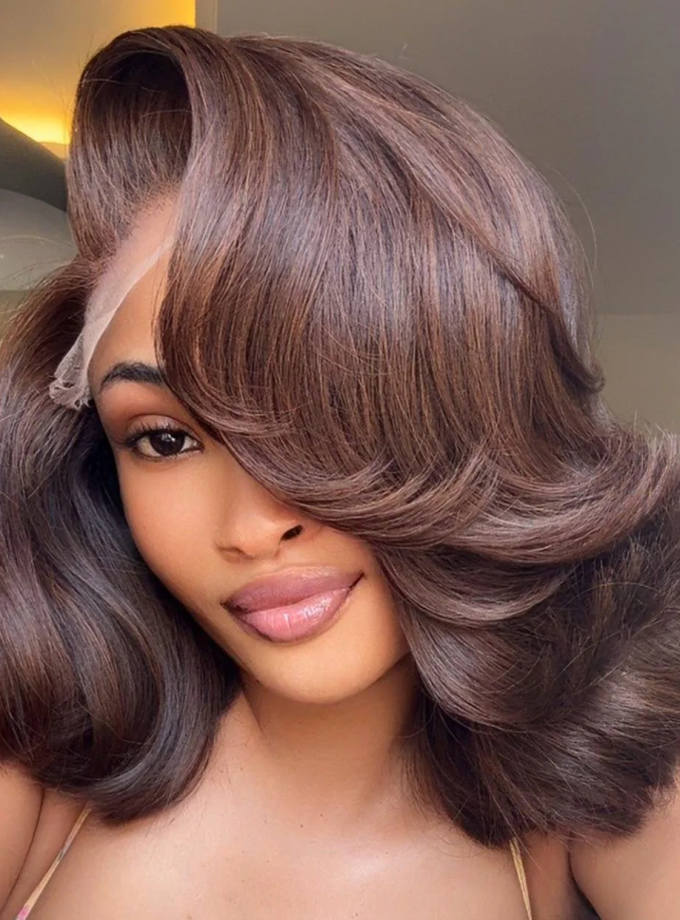 4x4 Lace Dark Brown Layered Cut Body Wave Bob Wig 100% Human Hair