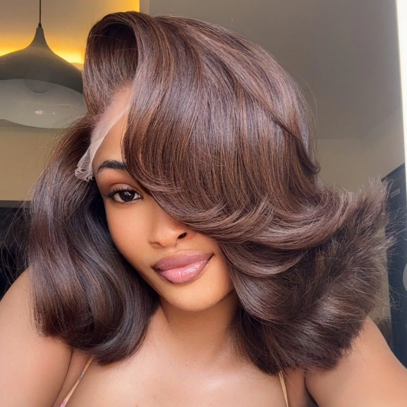 4x4 Lace Dark Brown Layered Cut Body Wave Bob Wig 100% Human Hair - Image 7