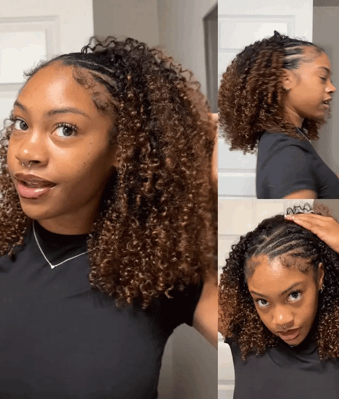 3 IN 1 HALF WIG Ombre Brown Layered Curly Pre-Styled Kinky Coily Half Wig Flip Over Draw-strings Wig