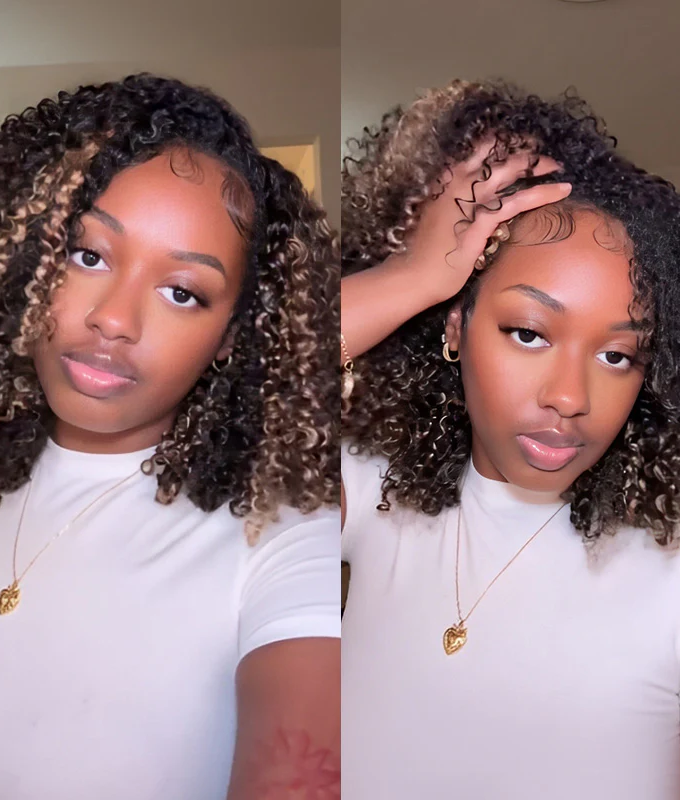 3 IN 1 HALF WIG Highlight Brown Kinky Curly Half Wig Draw-strings Flip Over Wig