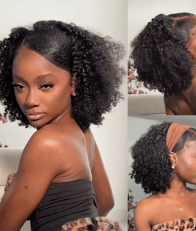 3 IN 1 HALF WIG Layer Cut Kinky Curly Half Wig Draw-strings Flip Over Wig