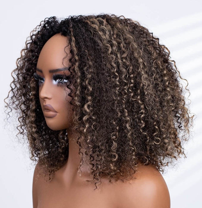 3 IN 1 HALF WIG Highlight Brown Kinky Curly Half Wig Draw-strings Flip Over Wig