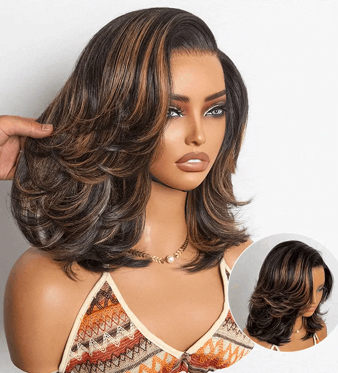 4x4 Lace Brown Highlight Layered Haircut Wavy Glueless Wig 100% Human Hair