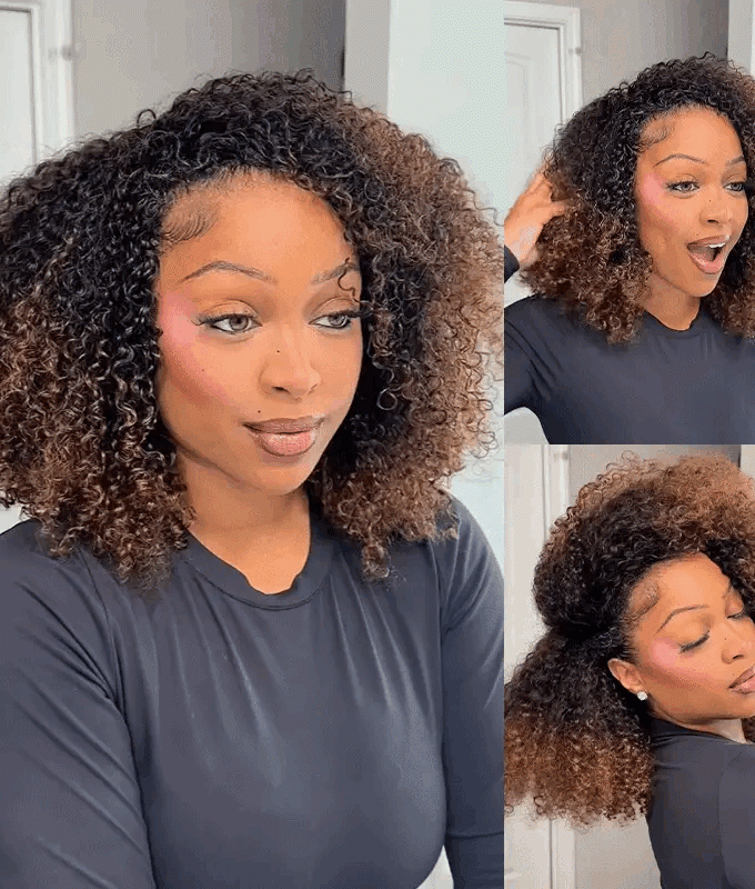3 IN 1 HALF WIG Ombre Brown Layered Curly Pre-Styled Kinky Coily Half Wig Flip Over Draw-strings Wig