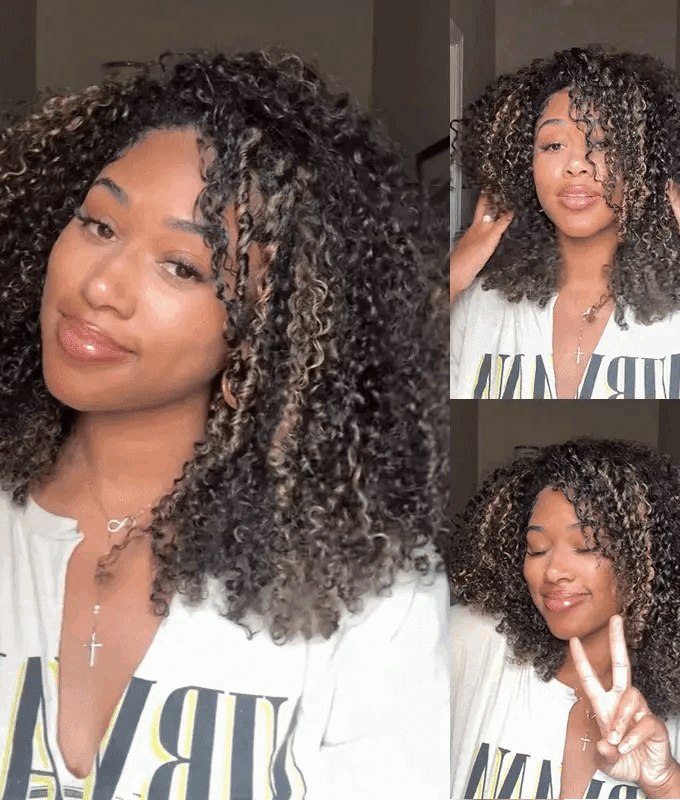 3 IN 1 HALF WIG Highlight Brown Kinky Curly Half Wig Draw-strings Flip Over Wig