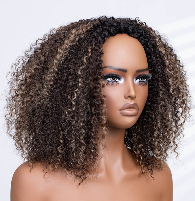 3 IN 1 HALF WIG Highlight Brown Kinky Curly Half Wig Draw-strings Flip Over Wig