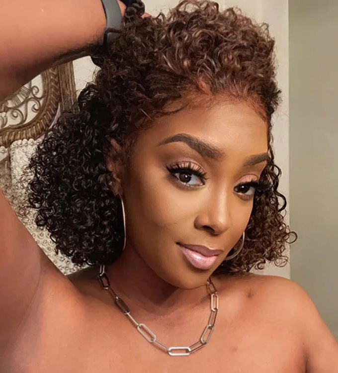 13x4 Frontal Lace Highlight Chocolate Brown Bob Curly Glueless Wig